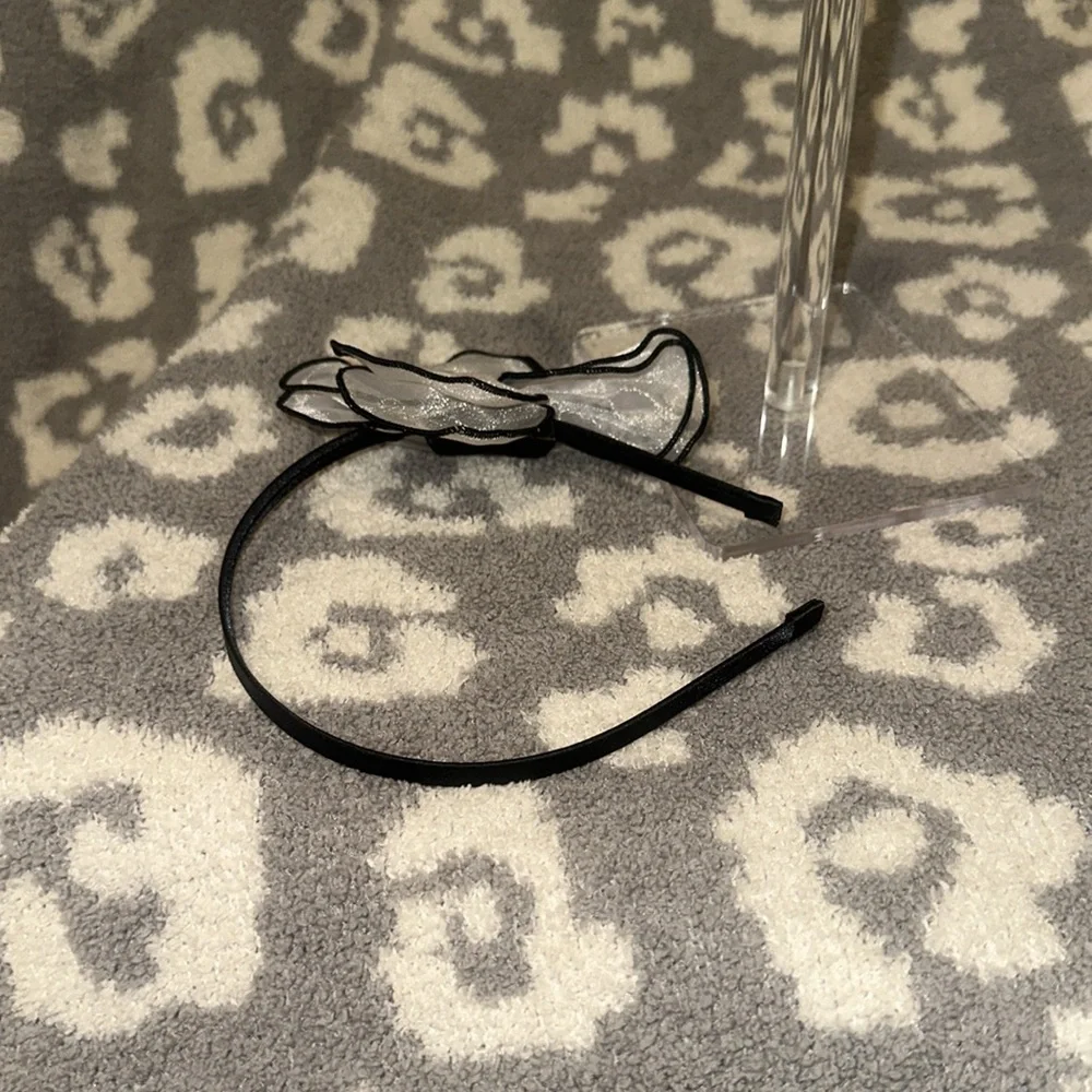 Tasha Black Band with Elegant Sheer White Flower with Clear Rhinestone Headband - Picture 17 of 17